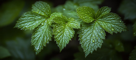 Emerald Dewdrops Macro of Green Leaves Glistening with Morning Moisture, Natural Spring Backgroundの素材