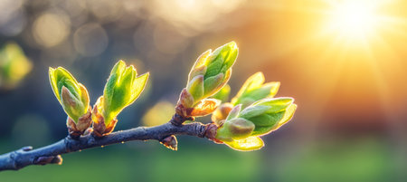Vibrant Spring Day Close-Up of New Green Leaves Unfolding Under Bright Sunlight, Blurry Backgroundの素材