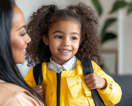 Ready for School Loving Mother Adjusting Her Daughter s Backpack, Preparing for the Day.の素材