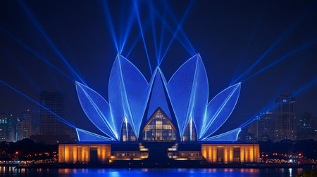 Modern Architectural Marvel, Illuminated Lotus Temple at Night, New Delhi, India, Spirituality.の素材