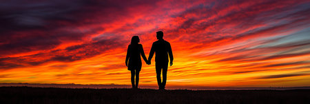 Silhouetted Couple Holding Hands, Romantic Sunset, Love and Togetherness with Copy Spaceの素材