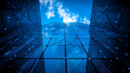 Abstract Architectural Glass Facade with Modern Geometric Pattern and Blue Sky Reflectionの素材