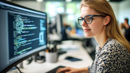 Focused Female Programmer Coding on Desktop Computer in Modern Office, Software Developmentの素材
