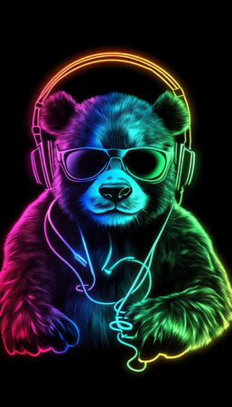 Neon Party Animal A Vibrant, Glowing Illustration of a DJ Bear With Headphones Rocking Out.の素材