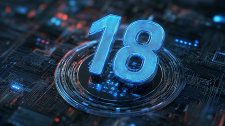 Glowing Digital Big 3D Number 18 in Futuristic Style on Digital Abstract Technology Backgroundの素材