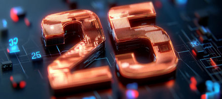 Glowing 3D Number 25 in Futuristic Style Against a High-Tech Background with Intricate Circuitryの素材