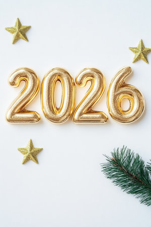 Gold Foil Balloons 2026 With Golden Stars and Pine Branch on White Background, New Year Conceptの素材