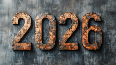 Rustic 2026 Vintage, Weathered Wooden Numbers on Distressed Industrial Background Textureの素材
