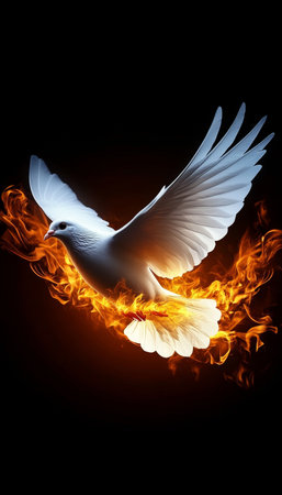 White Dove In Flight Engulfed In Fiery Wings, A Symbol Of Hope, Peace, And The Holy Spiritの素材