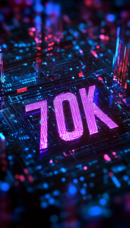 Glowing Digital 3D Number 70k in Futuristic Style Against an Abstract Technological Backdrop,の素材