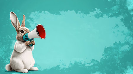 Adorable Bunny Rabbit Making An Announcement With Megaphone On A Textured Green Background.の素材