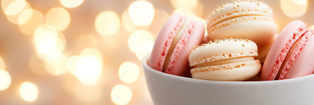 Pink and White Macarons on Bowl, Sweet Dessert for Holidays Celebration with Copy Spaceの素材