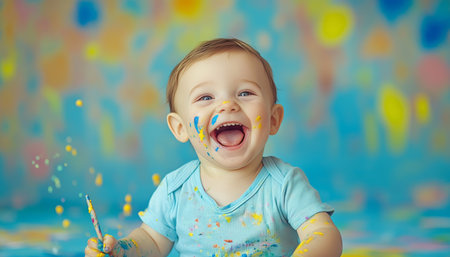 Joyful Baby Boy Covered In Paint, Laughing During Messy Playtime On Colorful Backgroundの素材