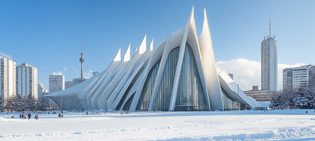 Modern Architectural Masterpiece in a Snowy Cityscape A Symphony in White on a Winter Dayの素材