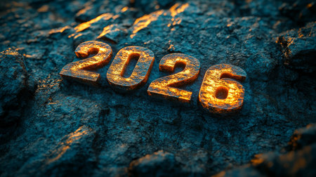 Textured Dark Background With Metallic 2026, Dramatic Lighting For New Year And Celebration Conceptsの素材