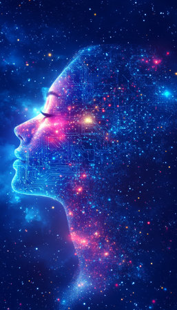 Cosmic Consciousness Serene Female Profile with Galaxy and Star Effect, Digital Illustrationの素材