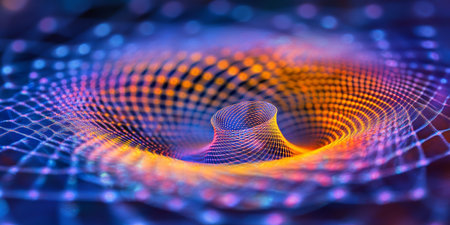Abstract Geometric Shapes, Digital Maze, Gently Swirling Geometry, Vibrant Neon, Soft Radiant Light.の素材