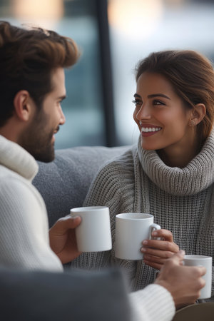 Young Couple Sharing Cozy Moment On Sofa, Enjoying Warm Drinks In Comfortable Winter Clothesの素材
