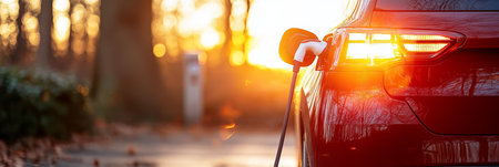 Red Electric Car Charging in Sunset, Connecting to Power, Clean Transportation Concept.の素材