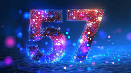 Glowing Futuristic Number 57 on an Abstract Background with Bokeh and Water Reflectionsの素材