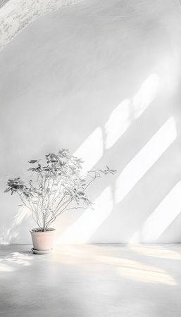 Minimalist Design. Empty Wall, Sunlight Shadows, Interior Presentation, Light Soft Background.の素材