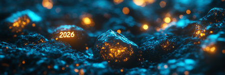 Cosmic Treasure The Year 2026 Illuminates a Field of Luminous Asteroids in Deep Spaceの素材