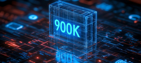 Glowing Blue Holographic 3D Number 900K on Circuit Board with Futuristic Technology Backgroundの素材