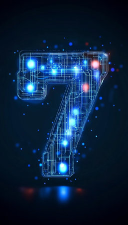 Futuristic Glowing Blue Number 7 on Dark Background with Digital Particles and Circuitryの素材