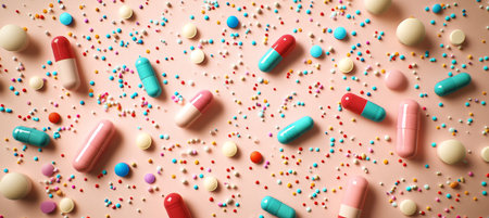 Colorful Pills and Capsules on Pastel Background A Studio Shot of Pharmaceutical Varietyの素材