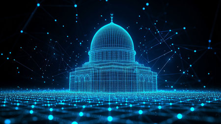 Dome of the Rock, Jerusalem, in Digital Network Style, Blue Wireframe on Black Backgroundの素材