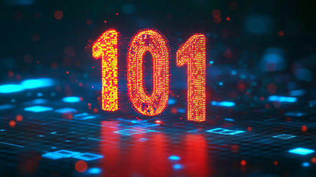 Glowing Digital Number 101 on a Futuristic Technological Background, with a Network Data Streamの素材