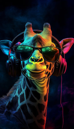 Neon Party Animal Giraffe DJ Enjoys Music with Headphones and Sunglasses, Vibrant Colorful Portraitの素材