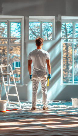 Painter Taking a Break, Contemplating a Grey Wall, Large Windows, Sunlight, and Shadowsの素材