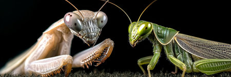 Praying Mantis and Green Grasshopper Isolated on Black Background Detailed Insect Photographyの素材