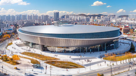 Modern Sports and Events Arena in a Vibrant City Center Under a Clear Sky, Seoul, Koreaの素材