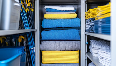 Organized Cleaning Supplies Tidy Closet With Transformation, Storage Solutions And Shelves.の素材