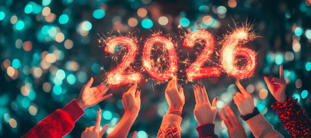 Celebration, Unity, and New Beginnings Uplifted Hands Frame 2026 in Sparkling Fireworksの素材