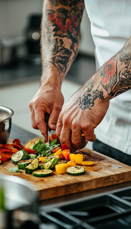 Chef s hands skillfully chopping vibrant vegetables on a cutting board in a bright kitchen settingの素材