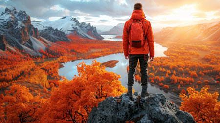 Hiker Conquering Peak A Panoramic Vista of a Majestic Autumn Valley in Mountain Splendorの素材