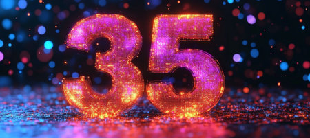 3D Number 35 on Digital Abstract Glowing Background for Celebrating 35Th Anniversary.,3D Renderの素材