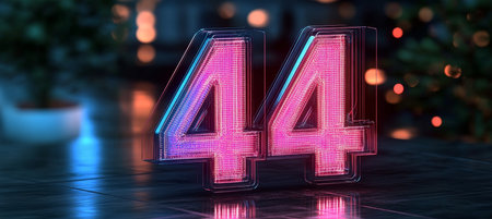 Glowing Pink and Blue Neon Number 44 On a Reflective Surface with a Festive, Bokeh Backgroundの素材