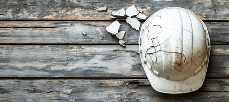 Damaged Hard Hat on Rustic Wood Background, Emphasizing Construction Site Hazards and Worker Safetyの素材