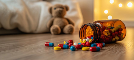 Colorful Pills Spilled From Bottle on Floor, Child Safety, Home Accidents, Medication Riskの素材