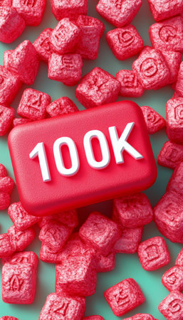 100K Celebration, Social Media Milestone Achievement with 3D Rendered Cubes on Teal Backgroundの素材