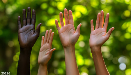 Celebrating Diversity Intertwined Hands of Different Ethnicities On Green Bokeh Backgroundの素材