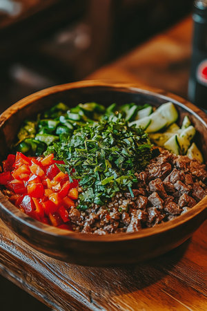 Healthy and Flavorful Bowl with Grilled Beef, Fresh Vegetables, and Herbs on Rustic Wooden Tableの素材