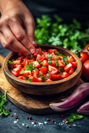 Fresh Salsa Preparation Hands Combine Diced Tomatoes, Cilantro, and Onions on Rustic Cutting Boardの素材
