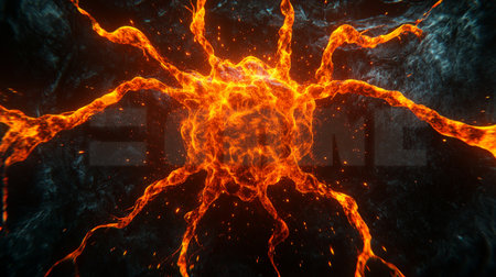 Abstract Network of Glowing Orange and Blue Fractals with a Dark, Fiery Universe Backgroundの素材