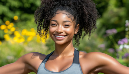 Fit Woman in Sportswear Smiles Before Yoga Practice in Lush Park, Wellness and Fitness Conceptの素材