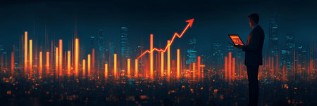 Businessman Analyzing Financial Data with Rising Graph Displayed on Tablet in Cityscapeの素材